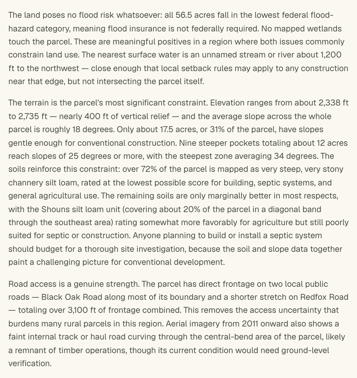 Paragraphs from the report reading the parcel back in plain language — no flood risk on any of the 56.5 acres, nearly 400 feet of relief with only 31 percent of the ground gentle enough to build on, and frontage on two local roads
