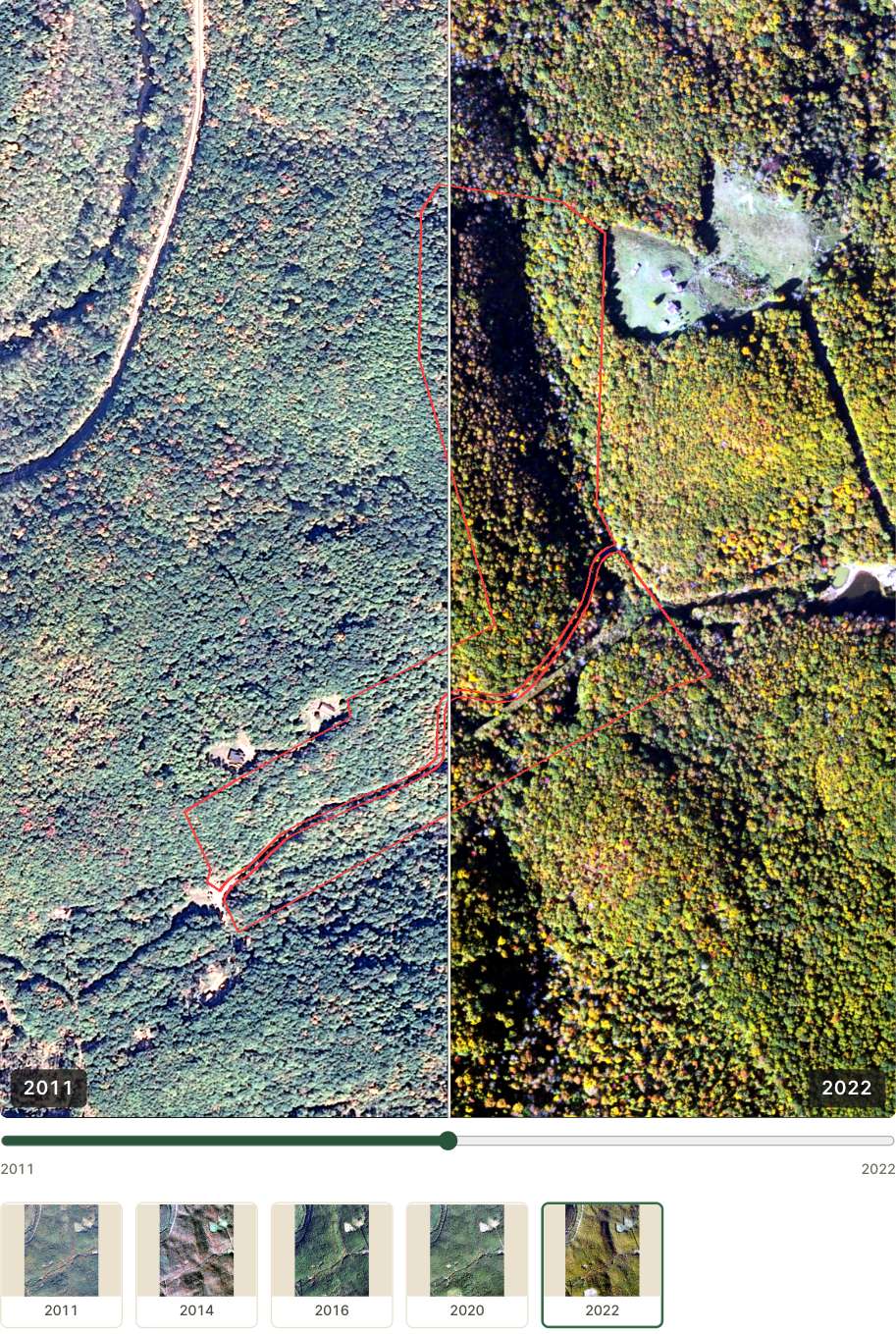 The same split comparison with the report’s year strip beneath it — five aerial frames of the parcel from 2011 to 2022, each under its capture year
